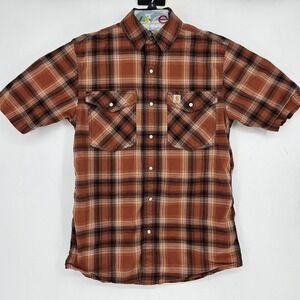 Carhartt Shirt Mens Small Pearl Snap Orange Plaid Short Sleeve‎ Western Relaxed